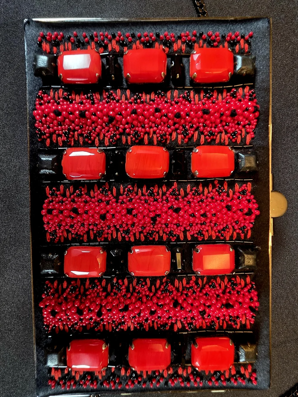 Jason Wu Minaudiere Clutch. Hand Beaded Red Detail with Black Satin.